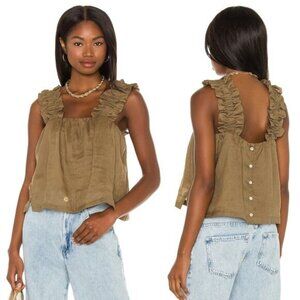 NEW FRAME Ruffle Strap Tank Square Neck Back Button Top Moose Green Size: Small